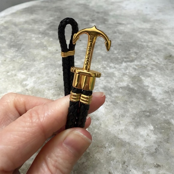 Gold and Black Braided Leather Bracelet -  Anchor Clasp - Picture 3 of 3